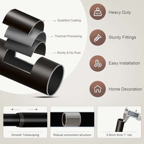 Modern Black Curtain Rods 1 Diameter Adjustable Length Heavy Duty