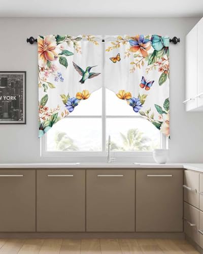 Blue Hummingbird Flower Valance Curtains 2 Panel 28Wx36L