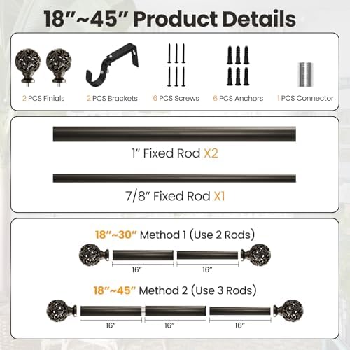 Bronze Curtain Rods 18-45 Inches with Decorative Finials