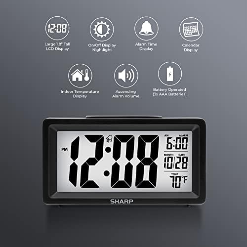 Sharp Digital Alarm Clock with Nightlight and Temperature Display