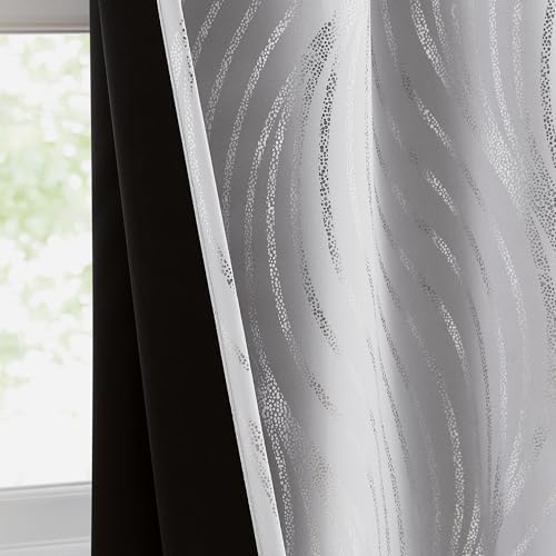 100 Blackout Curtains with Metallic Silver Wave Print
