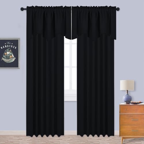 NICETOWN 4 Panels Blackout Curtain Valances 52x18 Black Rod Pocket
