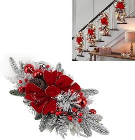 Topyond Christmas Staircase Decoration Cordless PVC Swag Red