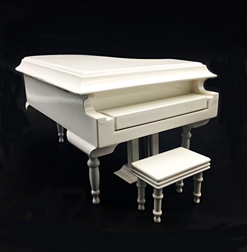 White Piano Music Box with Bench and Black Case