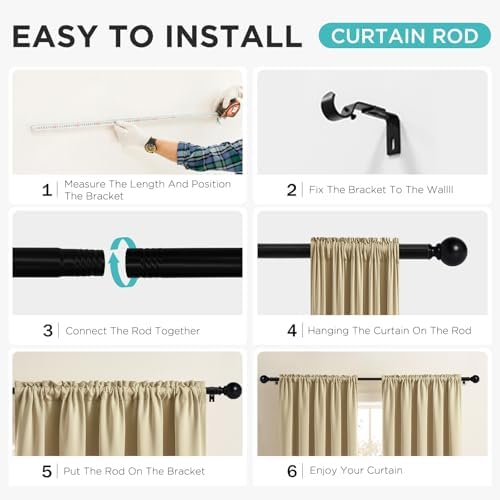 Joydeco Black Curtain Rods 32-144 Inches Adjustable Single Rods