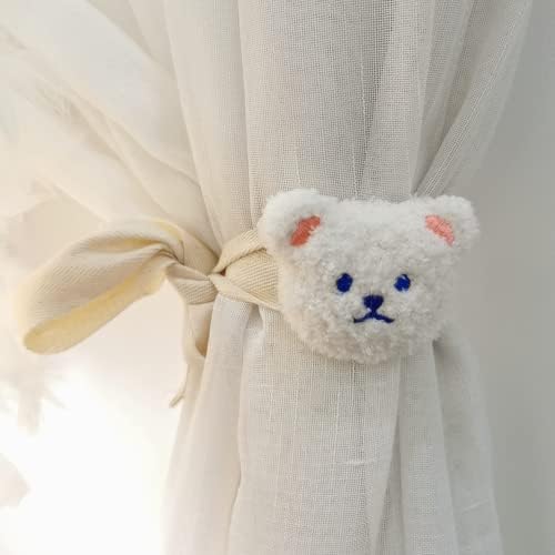 2 Pack Cute Curtain Tiebacks Cartoon Bears Embroidered Bedroom Holdbacks White
