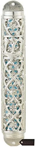 Matashi Hand Painted Enamel Mezuzah with Hebrew Shin and Crystals