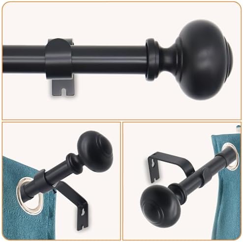 QITERI Black Curtain Rod 48-86 Inches Single Rod with Round Finials