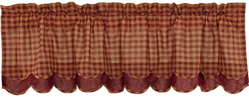 VHC Brands Burgundy Check Valance 16x60 Red Rod Pocket Cotton Curtains