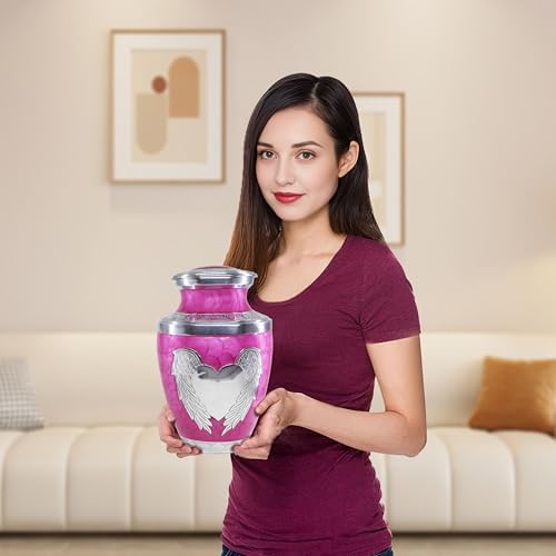 Pink Decorative Urn with Silver Angel Wings and Heart