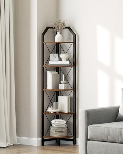 5-Tier Industrial Corner Bookshelf with Rustic Design