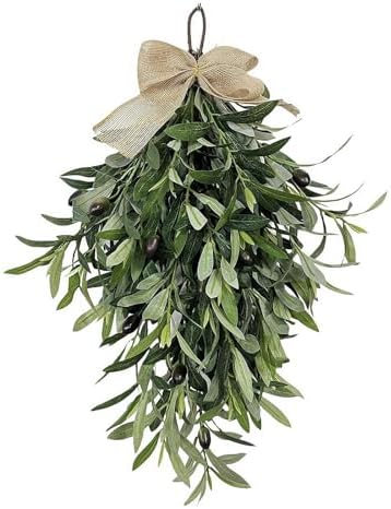 Artificial Olive Teardrop Swag Wreath with Bow