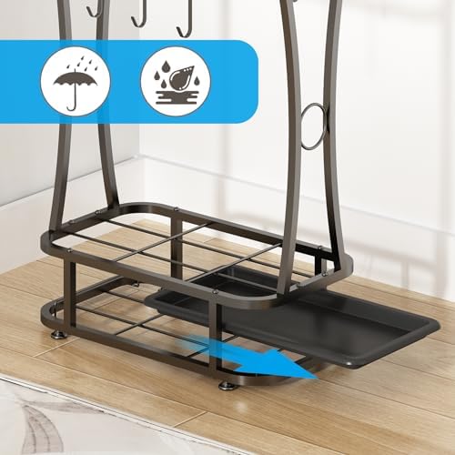 Wisdom Star Industrial Metal Umbrella Stand with Drip Tray and 6 Hooks