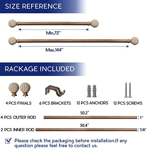 Adjustable Wood Curtain Rods 72-144 Inch 2 Pack Heavy Duty