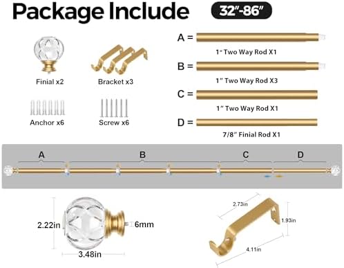 KAMANINA 1 Inch Gold Curtain Rods 32-86 Inches