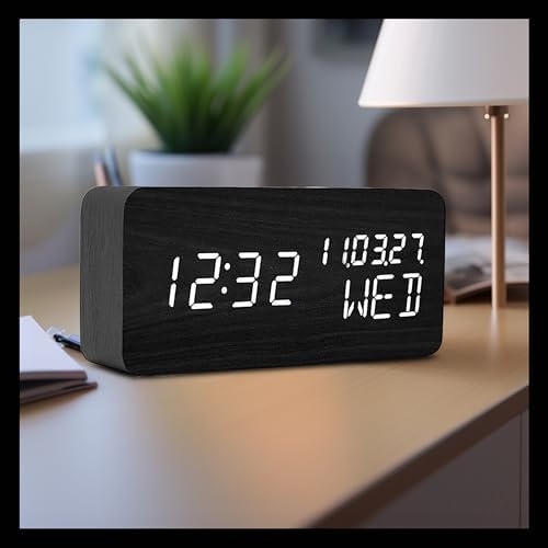 Wooden Digital Alarm Clock with Nightlight and Temperature Display