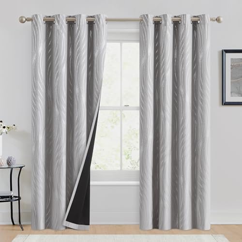 100 Blackout Curtains with Metallic Silver Wave Print