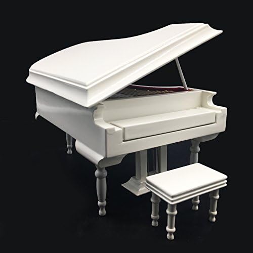 White Piano Music Box with Bench and Black Case