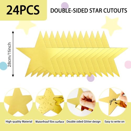 11 Inch Gold Star Cutouts 24Pcs Double Printed Decorations