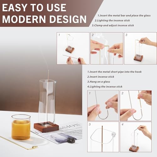 Elegant Incense Sticks Holder with Glass Ash Catcher and Wooden Base