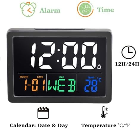 WQV Digital Alarm Clock with Calendar and Temperature Display