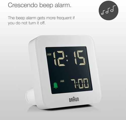 Braun Digital Alarm Clock with Snooze and Crescendo Beep in White