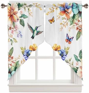 Blue Hummingbird Flower Valance Curtains 2 Panel 28Wx36L
