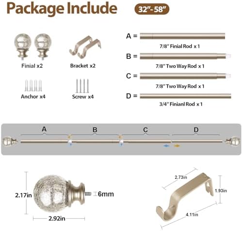 KAMANINA Champagne Gold Curtain Rods 32-58 Inches Adjustable