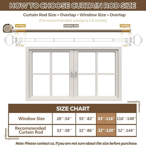 USFOOK 78 Inch Curtain Rods 32-120 Inches Length Adjustable Single Rods