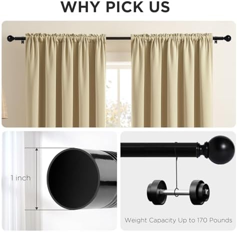 Joydeco Black Curtain Rods 32-144 Inches Adjustable Single Rods