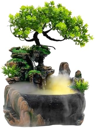 TITIDU Desktop Waterfall Bonsai Fountain with LED Lights and Atomizer