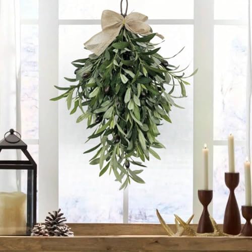 Artificial Olive Teardrop Swag Wreath with Bow