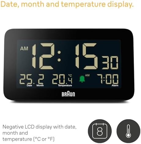 Braun Digital Alarm Clock with Date Month and Temperature Display