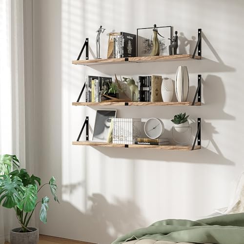 Set of 3 Floating Wood Shelves with Carbonized Black Finish