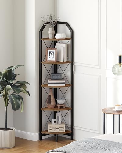 5-Tier Industrial Corner Bookshelf with Rustic Design