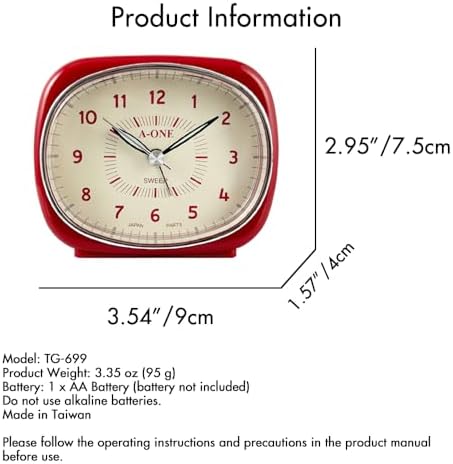 Square-Round Silent Alarm Clock - No Ticking Battery Operated Unique Design Red