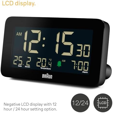 Braun Digital Alarm Clock with Date Month and Temperature Display