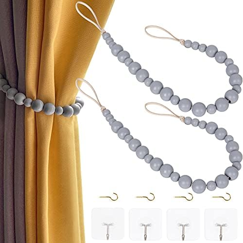 OCIOLI 2 Piece Wooden Bead Curtain Tiebacks with Hooks