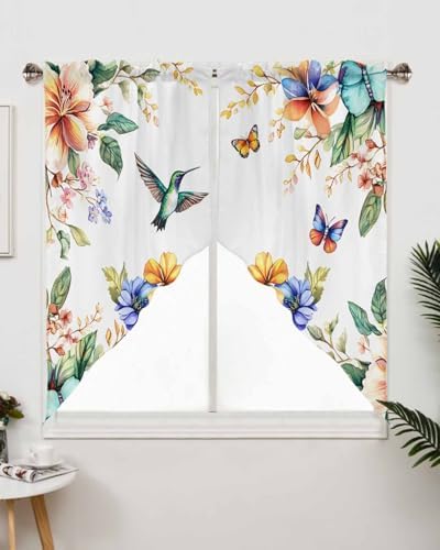 Blue Hummingbird Flower Valance Curtains 2 Panel 28Wx36L