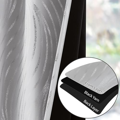100 Blackout Curtains with Metallic Silver Wave Print