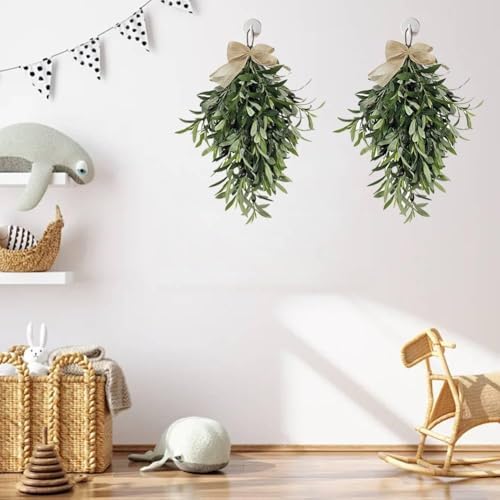 Artificial Olive Teardrop Swag Wreath with Bow