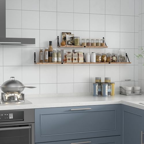 Set of 3 Floating Wood Shelves with Carbonized Black Finish