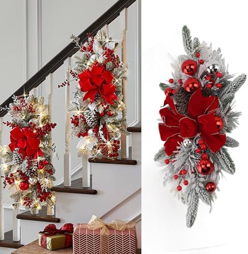 Topyond Christmas Staircase Decoration Cordless PVC Swag Red