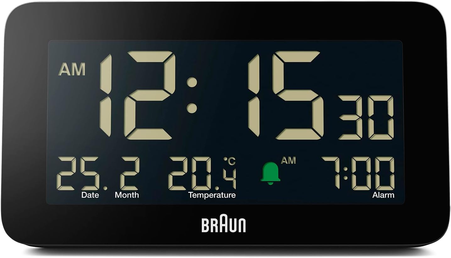Braun Digital Alarm Clock with Date Month and Temperature Display