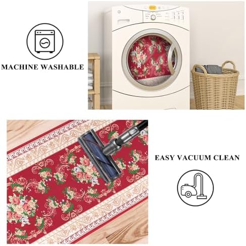Red Floral Long Runner Rug for Hallway and Entryway