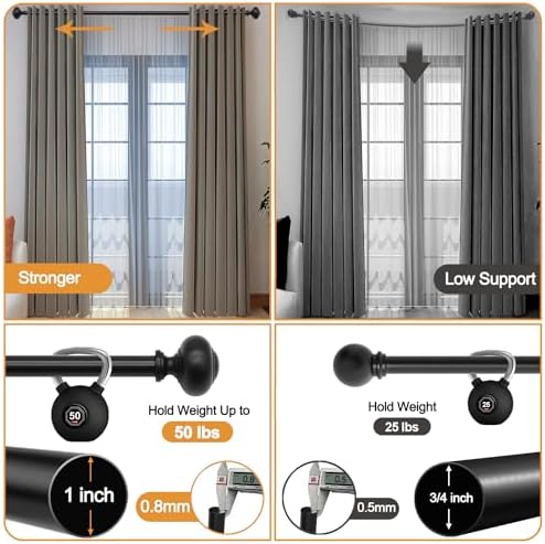 QITERI Black Curtain Rod 48-86 Inches Single Rod with Round Finials