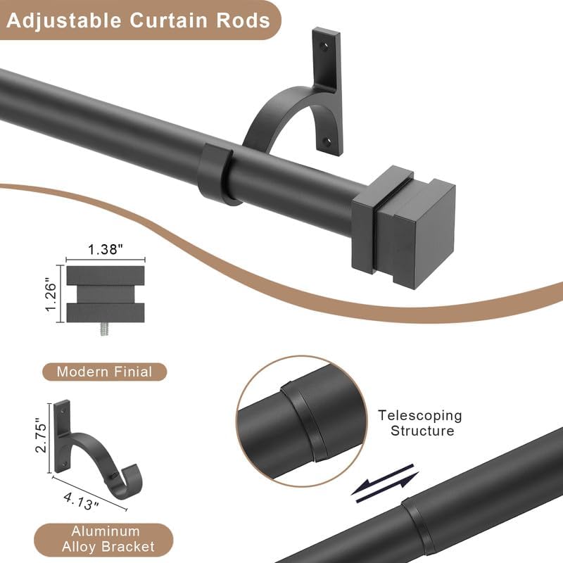 Matte Black Heavy Duty Single Curtain Rod 1 Inch Diameter Adjustable
