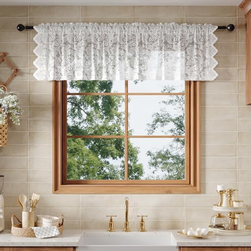 White Lace Semi-Sheer Kitchen Valance Curtains - 1 Panel 52W x 18L Inch