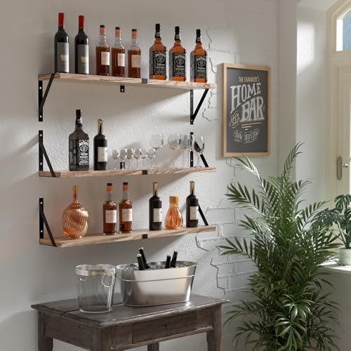 Set of 3 Floating Wood Shelves with Carbonized Black Finish