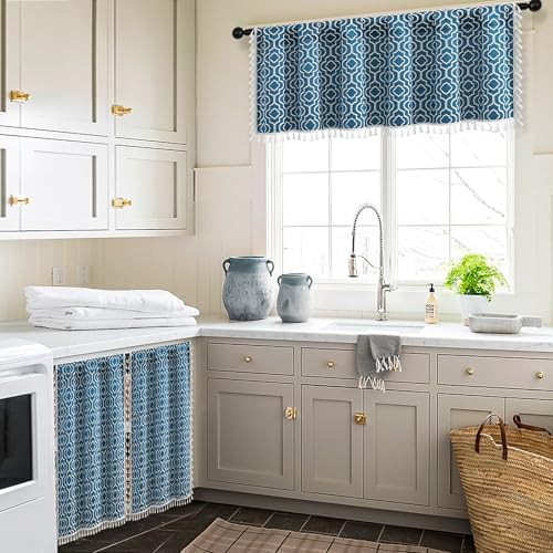 MitoVilla Boho Kitchen Valance with Tassel Blue